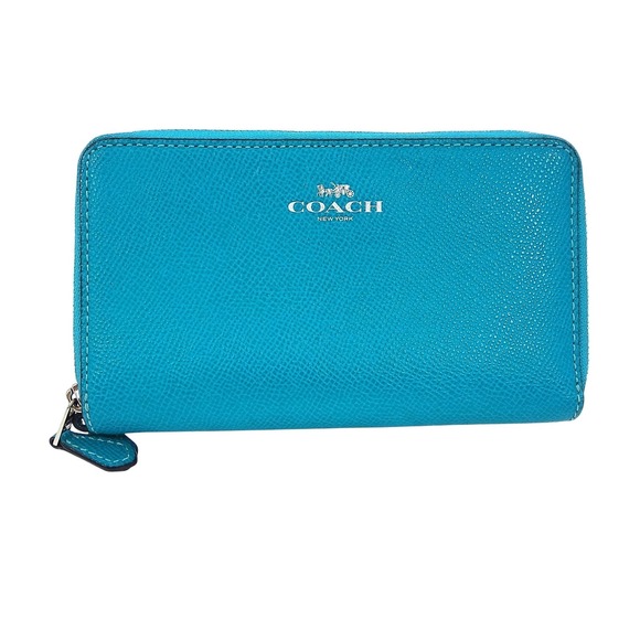 Coach Handbags - Coach Turquoise Crossgrain Leather Double Zip Around Wallet Silver Hardware